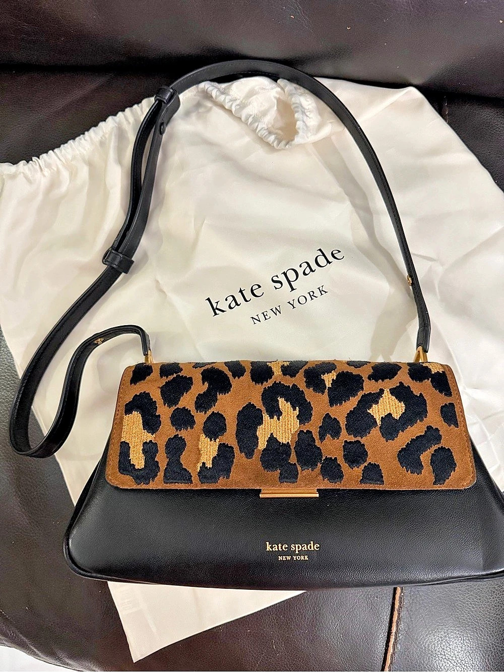 Kate Spade Leopard Print Black Leather Gold Hardware, Versatile strap